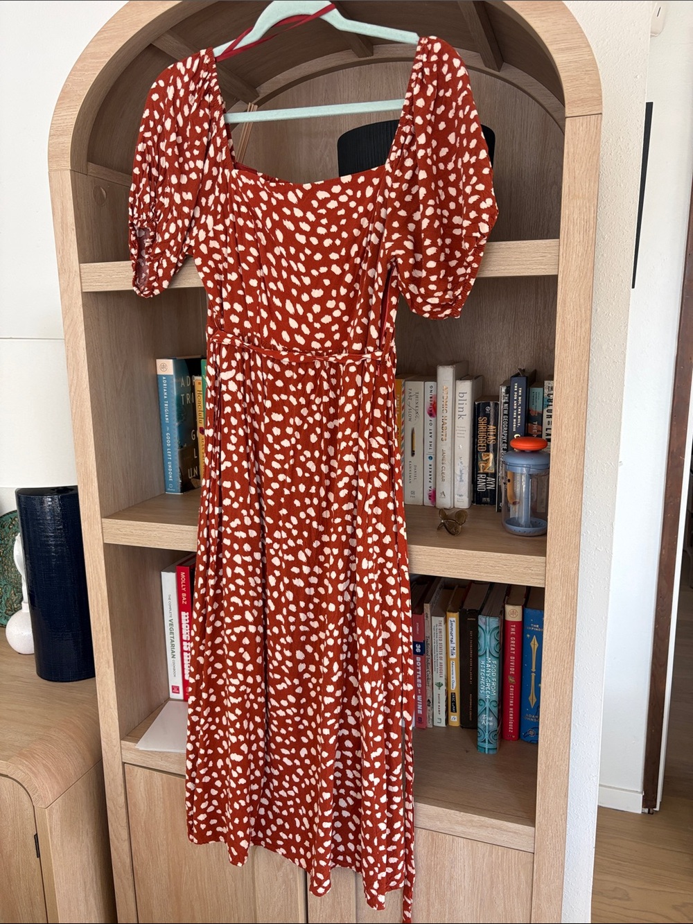 Very J Rust-Red Midi Dress with Cream Spot Print and Puff Sleeves